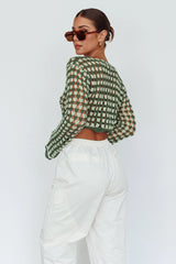 Maycie Long Sleeve Crochet Crop Top Green Multi