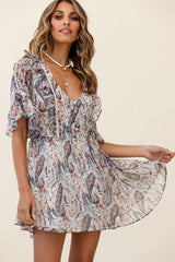 Zora Button Bodice Fluted Sleeve Dress Paisley Print Navy