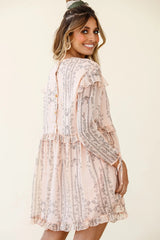 Marion Long Sleeve Shift Dress Vintage Floral Print Nude