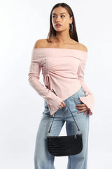 Pink Off Shoulder Top Long Sleeve Ruched