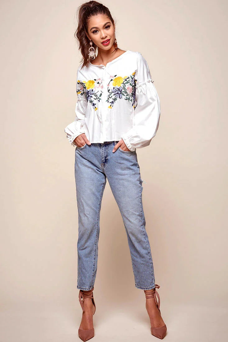 Olivia Floral Embroidered Cinched Wrist Shirt White