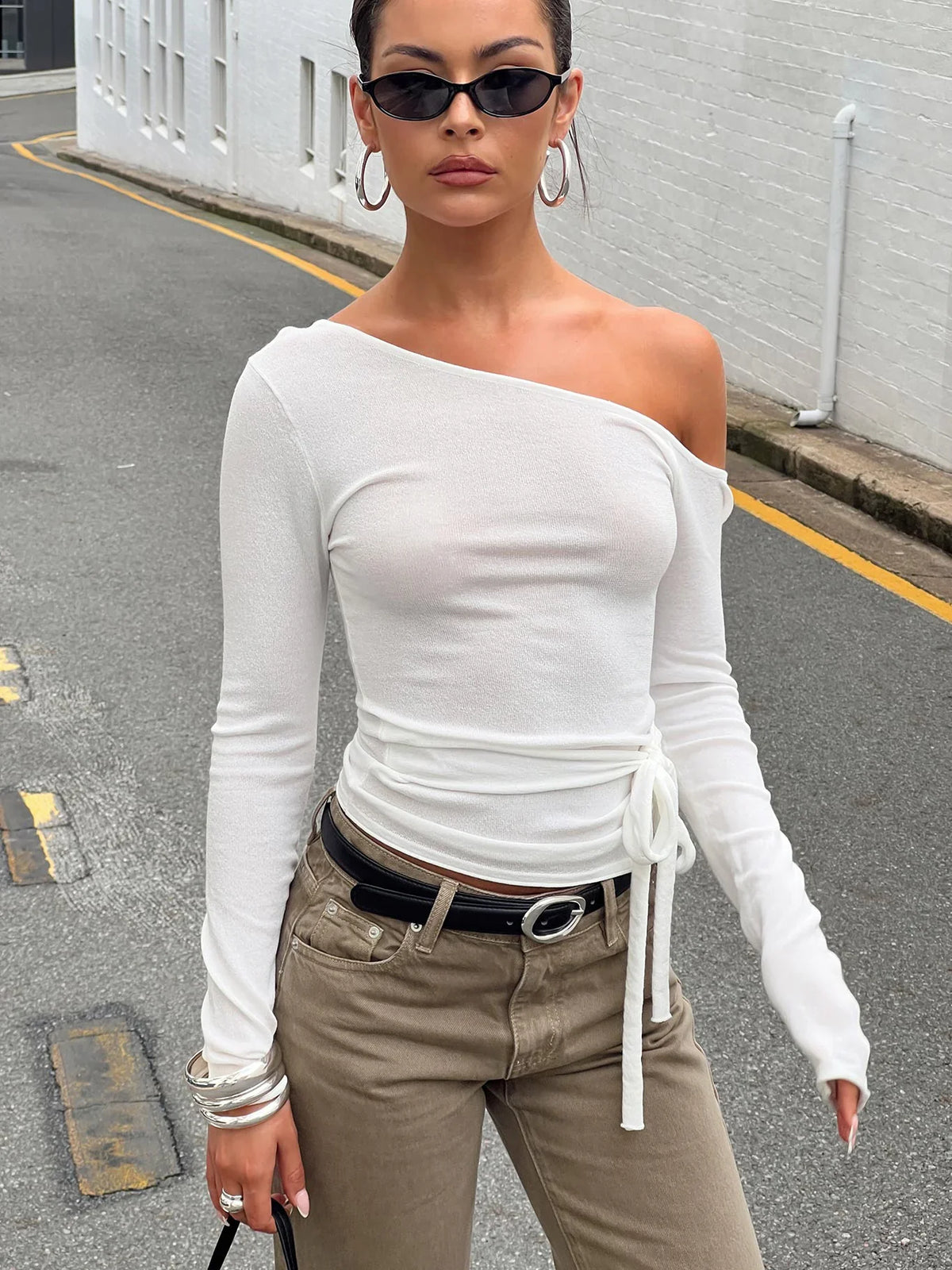 Kastor One Shoulder Long Sleeve Top White