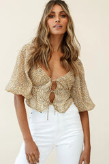 Taz Puff Sleeve Tie Front Top Leopard Print Mustard