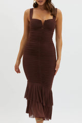 Nadia Ruched Fishtail Maxi Dress Chocolate