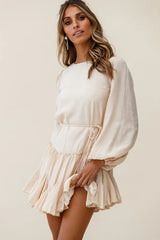 Rosabel Balloon Sleeve Fluted Hem Dress Beige