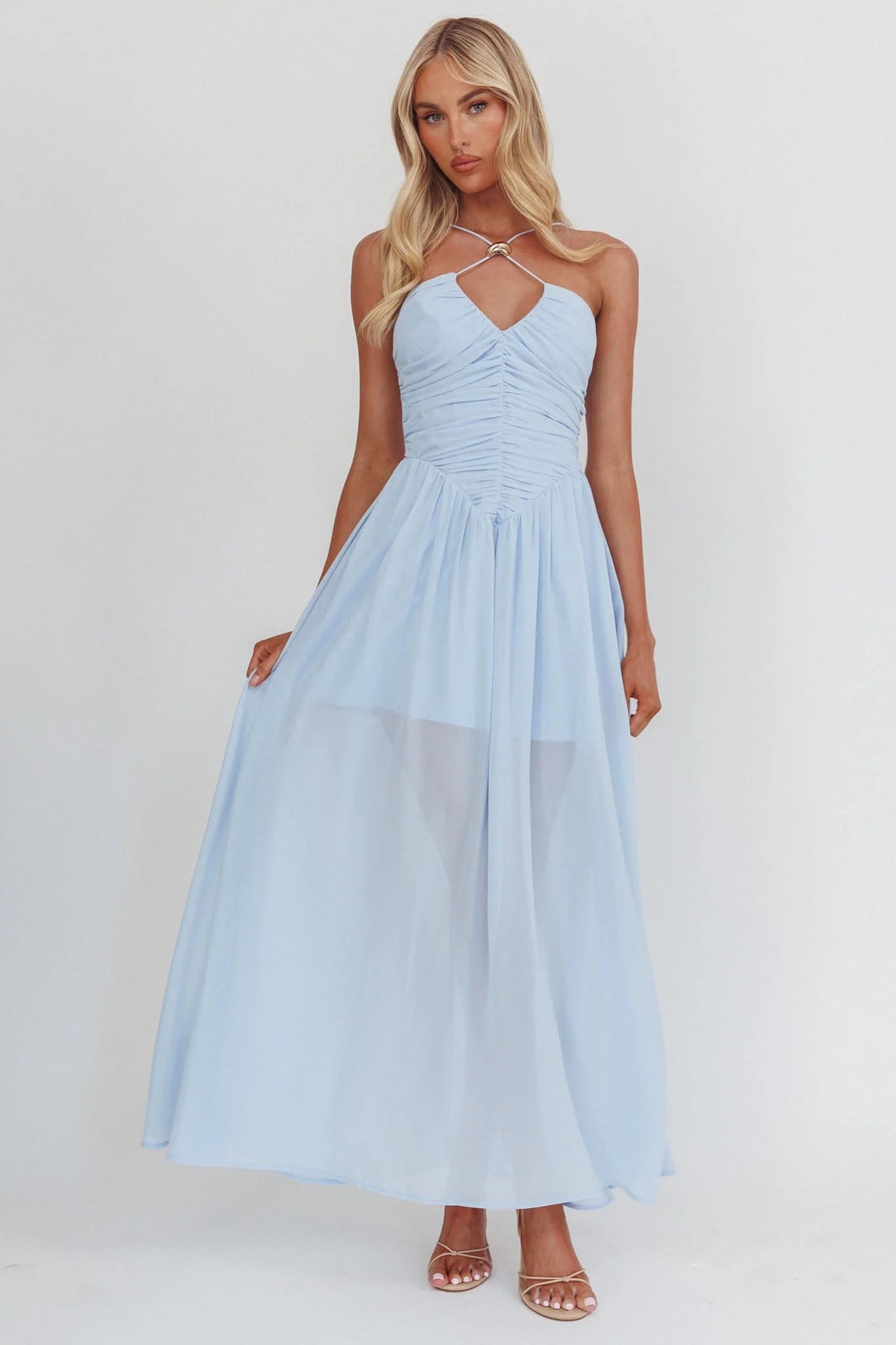 The Dreamers Ruched Basque Waist Maxi Dress Blue