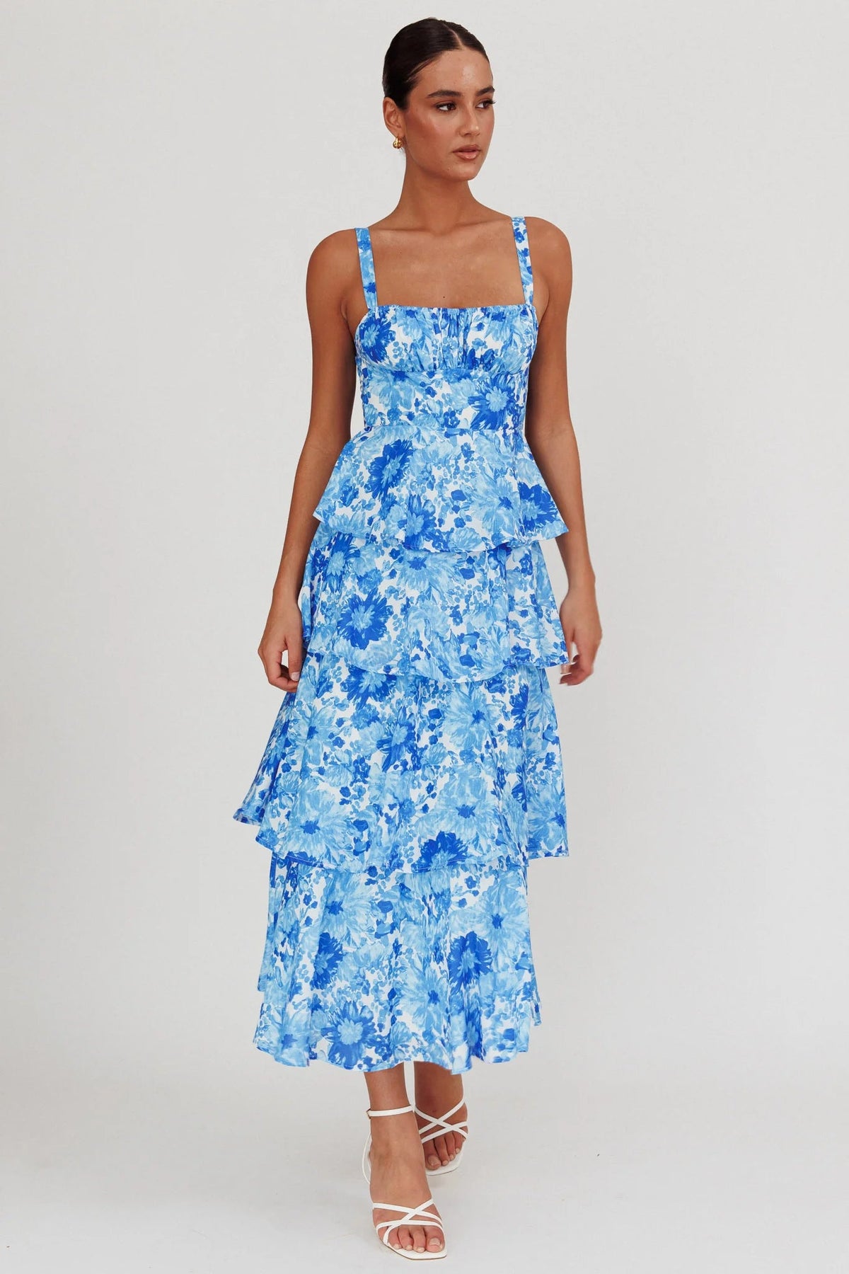 Provence Bloom Tiered Floral Maxi Dress Blue