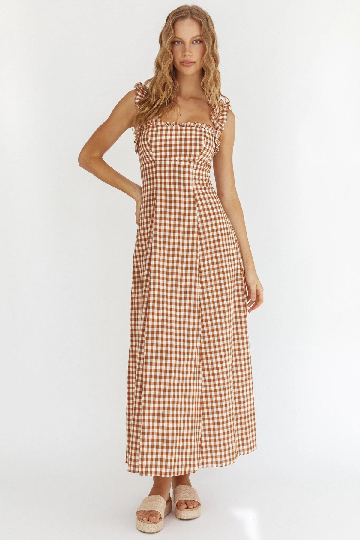 Warrior Sun Frill Strap Maxi Dress Tan Check