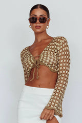 Maycie Long Sleeve Crochet Crop Top Taupe Multi