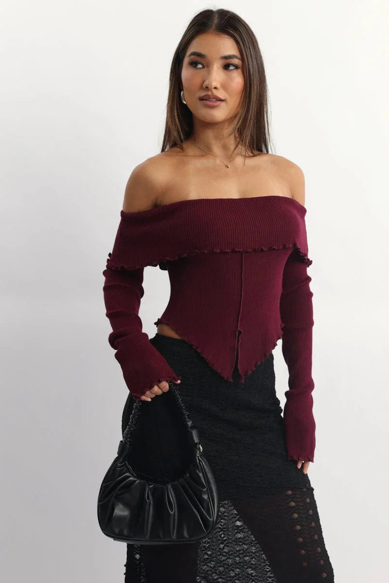 Red Bardot Knit Top Long Sleeve Open Front