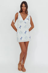 Mykonos Morning Tied Shoulder Mini Dress Bows Blue