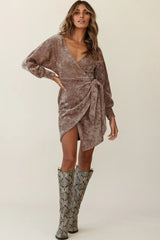 Isolde Ribbed Velour Wrap Dress Taupe