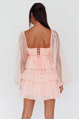 Spring Morning Long Sleeve Tiered Mini Dress Pink