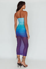 Logan Strapless Ruched Midi Dress Gradient Blue