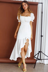 Summer In Paris Puff Sleeve Shirred Midi Dress White