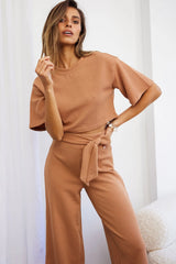 Larissa Crew Neck Ribbed Tee Crop Top Tan