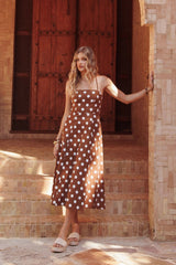 Second Glance Olga Criss-Cross Back Midi Dress Polka Dot Brown