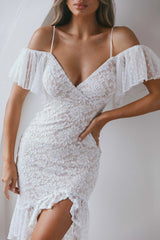 Maribel Hail Spot Sleeve Asymmetrical Hem Lace Midi Dress White