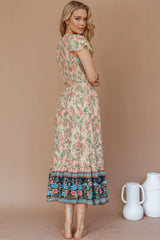 Mayan Angel Sleeve Wrap Midi Dress Floral Nude