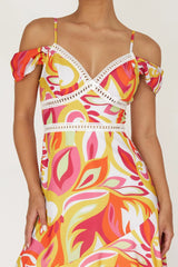 Seina Off-Shoulder Crochet Trim Dress Print Orange