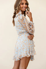 Leigh Long Sleeve Waist Tie Dress Floral Print Blue/Orange