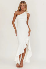 Lights On One-Shoulder Split Ruffle Hem Maxi Dress White