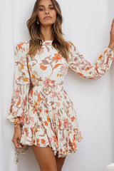 Rosabel Balloon Sleeve Fluted Hem Dress Vintage Floral Print Beige