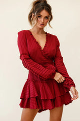 Neve Balloon Sleeve Layered Ruffle Hem Dress Wine