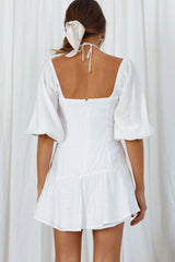 Summertime String-Tie Halterneck Puff Sleeve Mini Dress White