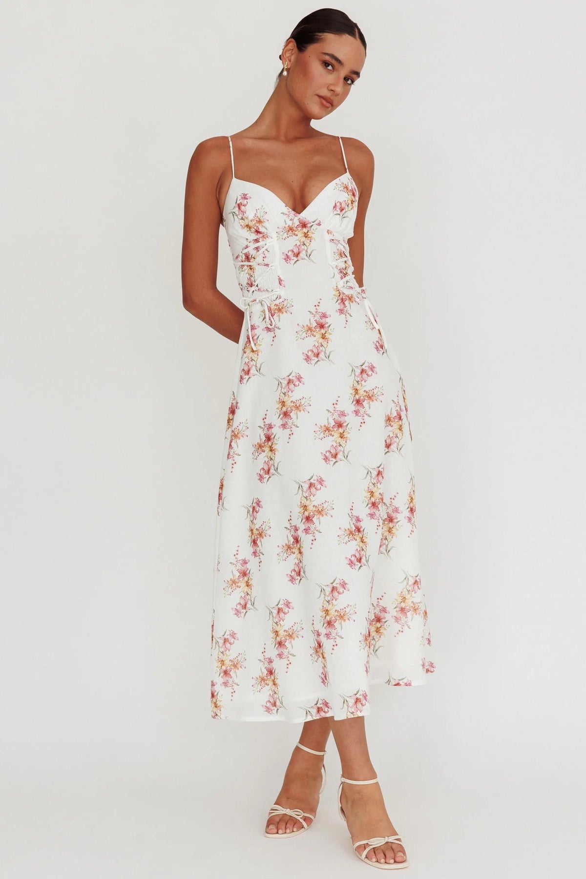 Kalaya Lace-Up Waist Midi Dress Floral