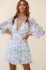 Laney Cutout Back Ruffle Trim Dress Leaves Print White