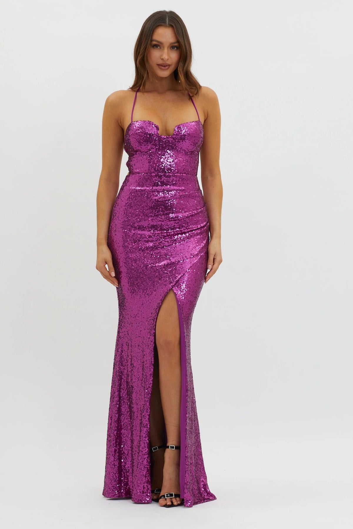 Starry Eyes Lace-Up Back Sequin Maxi Dress Magenta