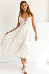 Hosanna Drawstring Detail Pocket Midi Dress Stripe Print Mocha