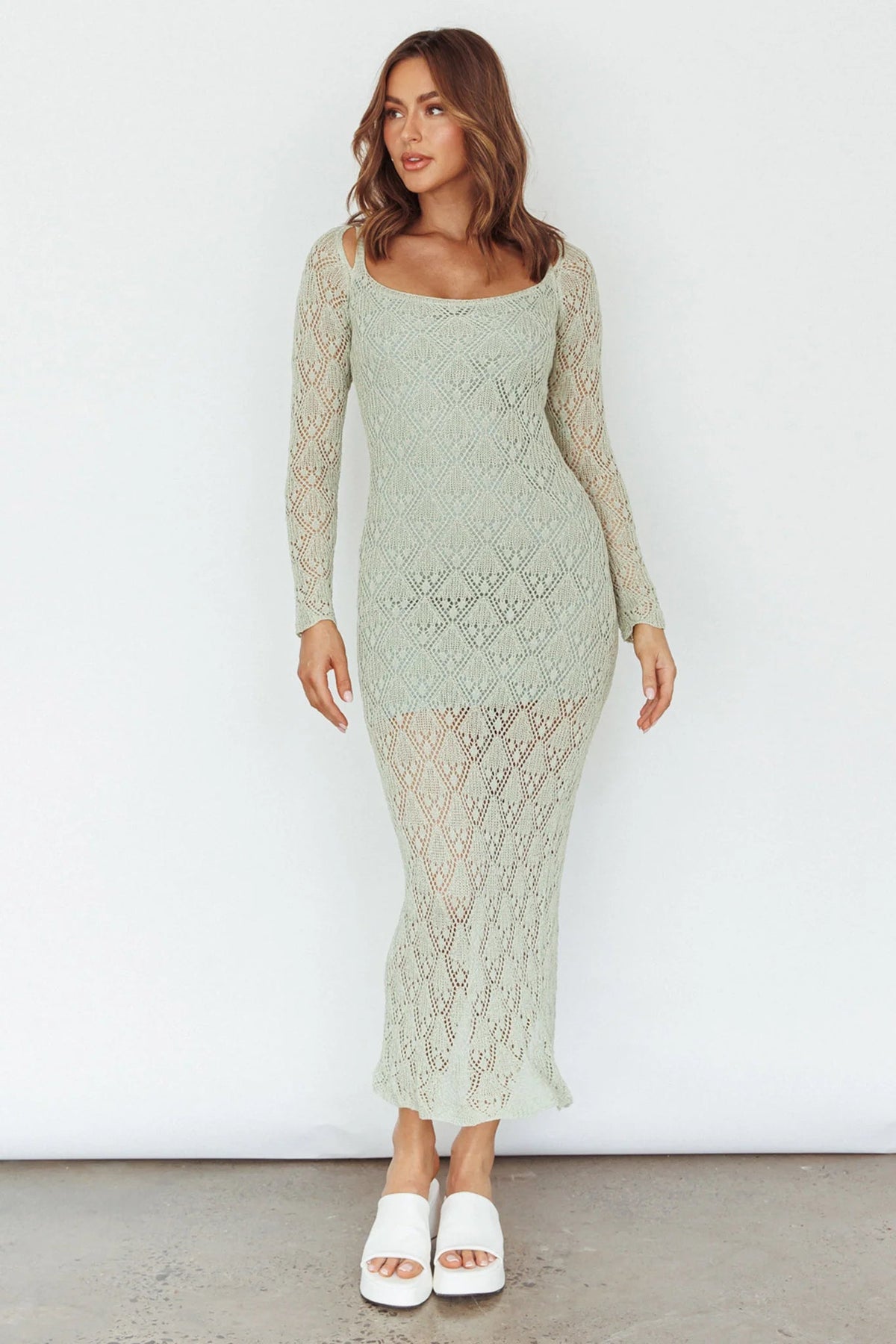 Happy Place Long Sleeve Crochet Midi Dress Sage