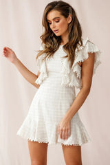 Marlow Double Ruffle Shoulder Dress Square Pattern Beige