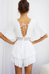 Lillian Crochet Lace Trim Flounce Hem Romper White