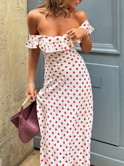 Semi-Sheer Polka Dot Ruffle Hem Off-Shoulder Long Dress