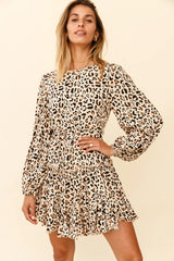 Rosabel Balloon Sleeve Fluted Hem Dress Leopard Print