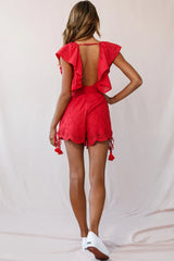 Kipper V-Neck Scalloped Romper Red