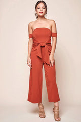 Joan Off the Shoulder Waist Tie Wide Leg Jumpsuit Rust