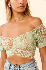 Linka Off-Shoulder Tie-Back Crop Top Mini Flower Print Green