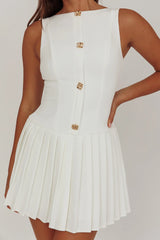 Opulent Pleat Skirt Button Mini Dress White