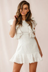 Marlow Double Ruffle Shoulder Dress Square Pattern Beige