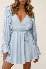 Adina Fluted Long Sleeve Frill Detail Dress Grey