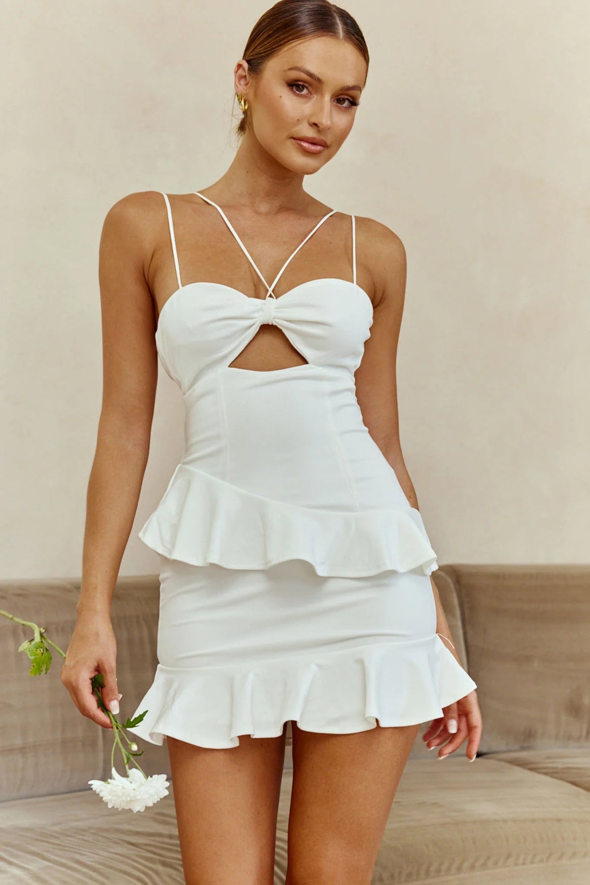 Moment Of Truth String-Tie Ruffle Trim Mini Dress White