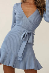 Tarry Long Sleeve Fluted Hem Knit Dress Midnight Blue