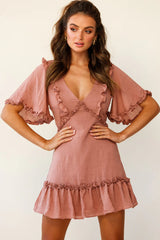 Halo V-neckline Frill Detail Dress Rose