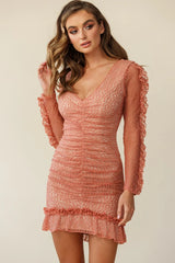 Tamara Ruched Long Sleeve Lace Mesh Dress Rose