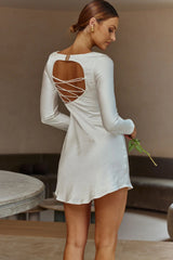 Mixed Emotions Long Sleeve Round Neck Keyhole Back Mini Dress White