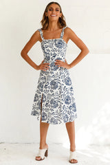 Magdalene Frill Strap A-Line Midi Dress Floral Print White